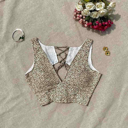 Cream Brown Jaal Deep V Neck Cotton Blouse - Fal3342