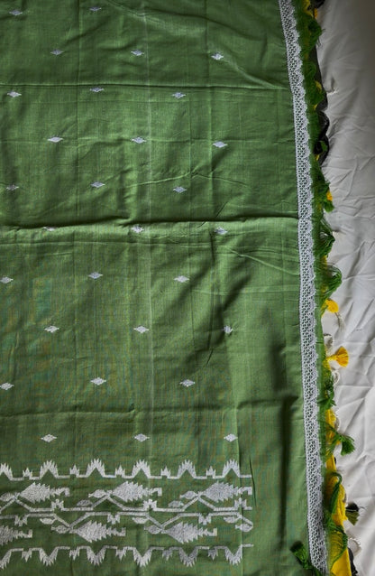 Green Broad Embroidery Border Cotton saree