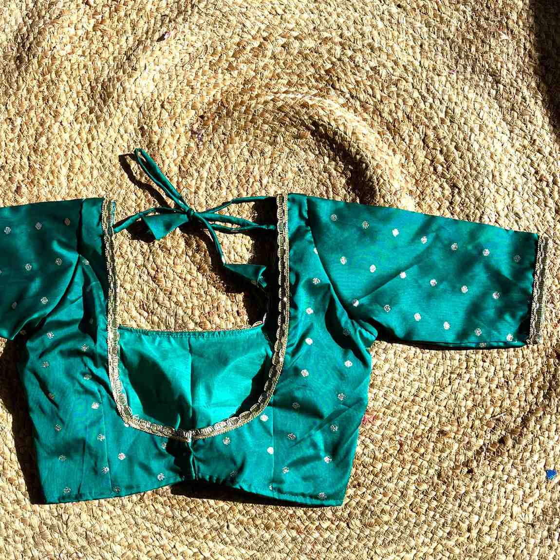 Teal Green Polka Brocade U Neck Blouse- Fal3344