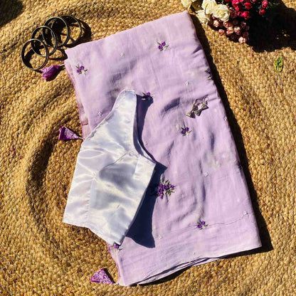 Lavender Floral Embroidery Pure Mulmul Saree and Lavender Satin Blouse