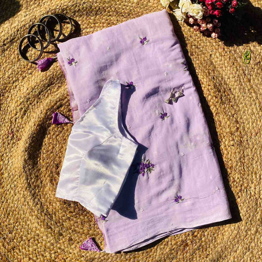 Lavender Floral Embroidery Pure Mulmul Saree and Lavender Satin Blouse