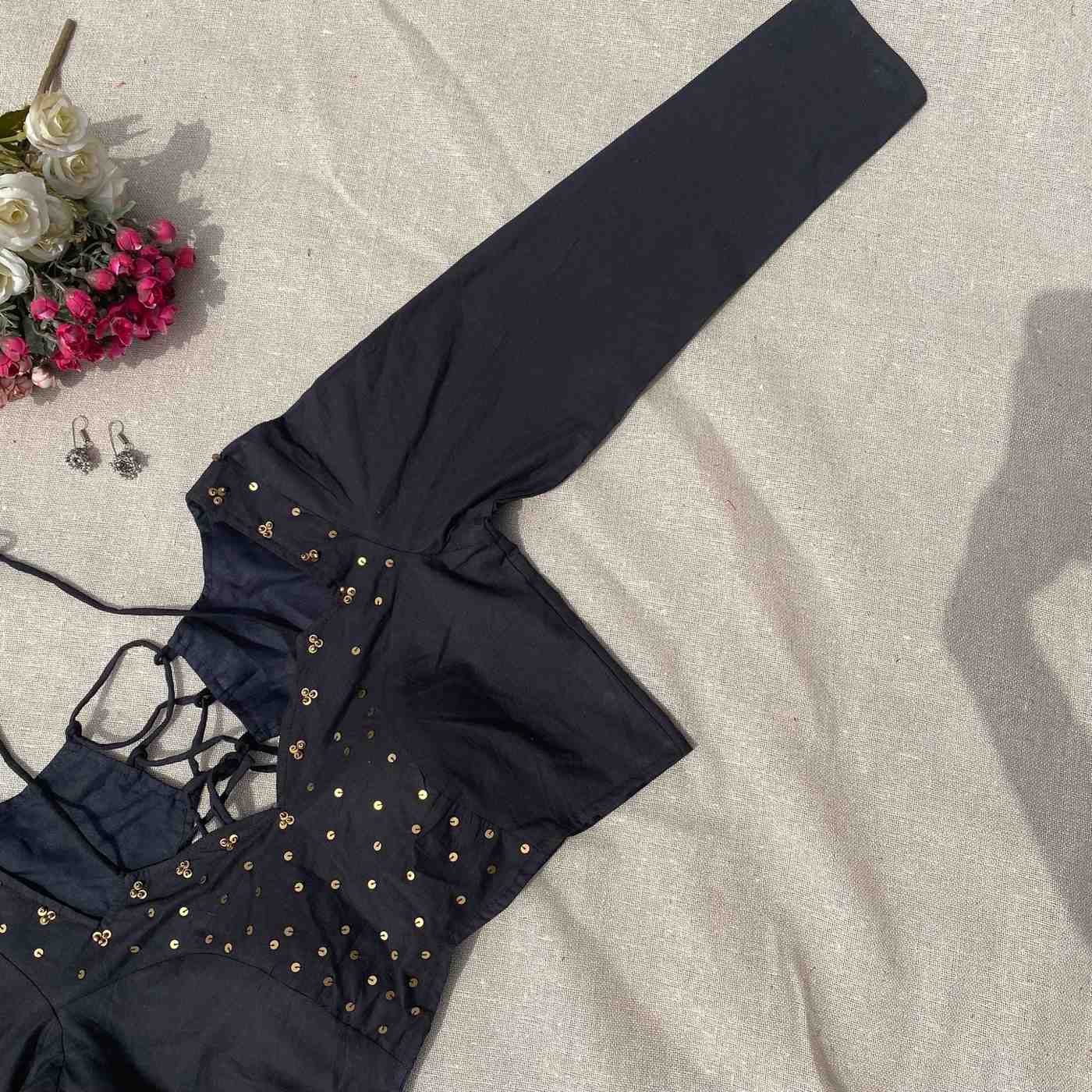 Black Sequin Work Full Sleeves Cotton Blouse - Fal3340