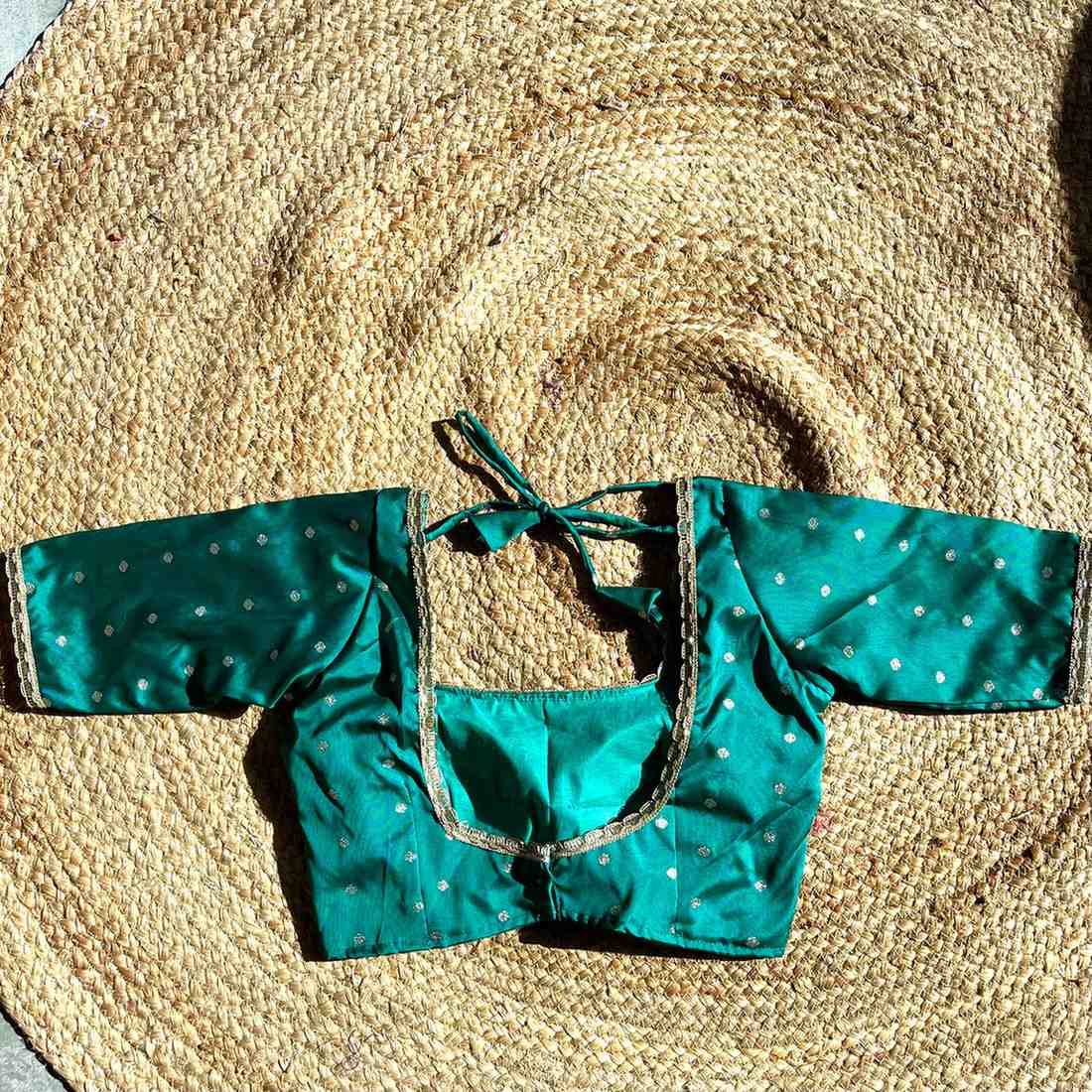 Teal Green Polka Brocade U Neck Blouse- Fal3344