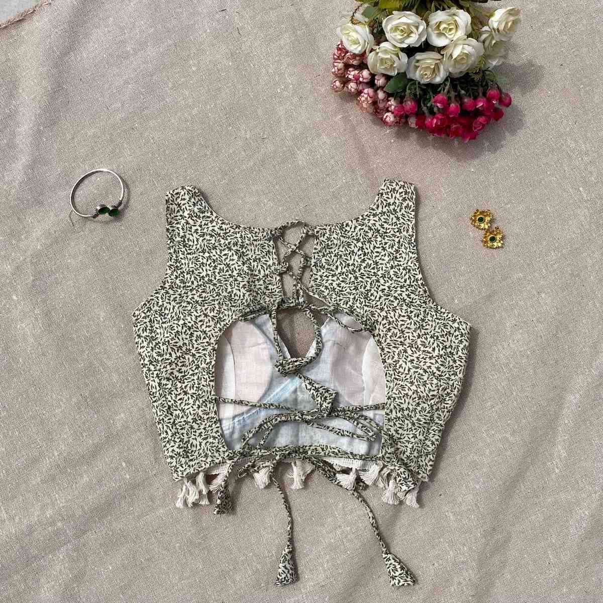 Cream Black With PomPom Jaal Deep V Neck Cotton Blouse - Fal3342