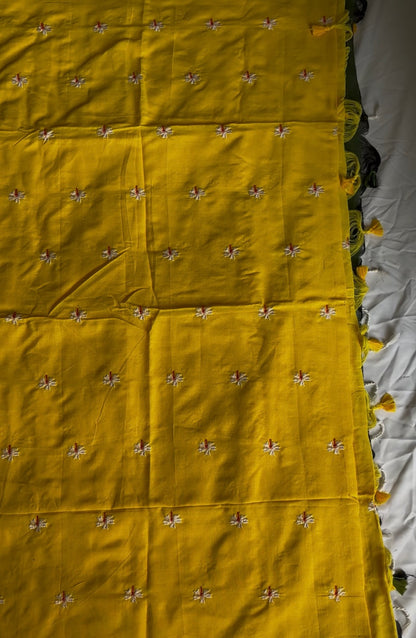 Yellow Floral Embroidery Mul saree