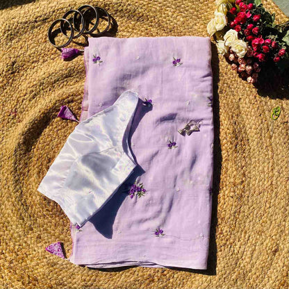 Lavender Floral Embroidery Pure Mulmul Saree and Lavender Satin Blouse