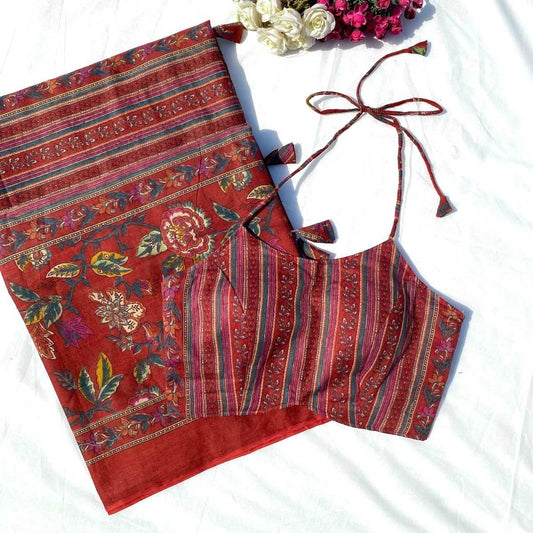 Maroon Stripe Floral Pure Mulmul Saree and Blouse