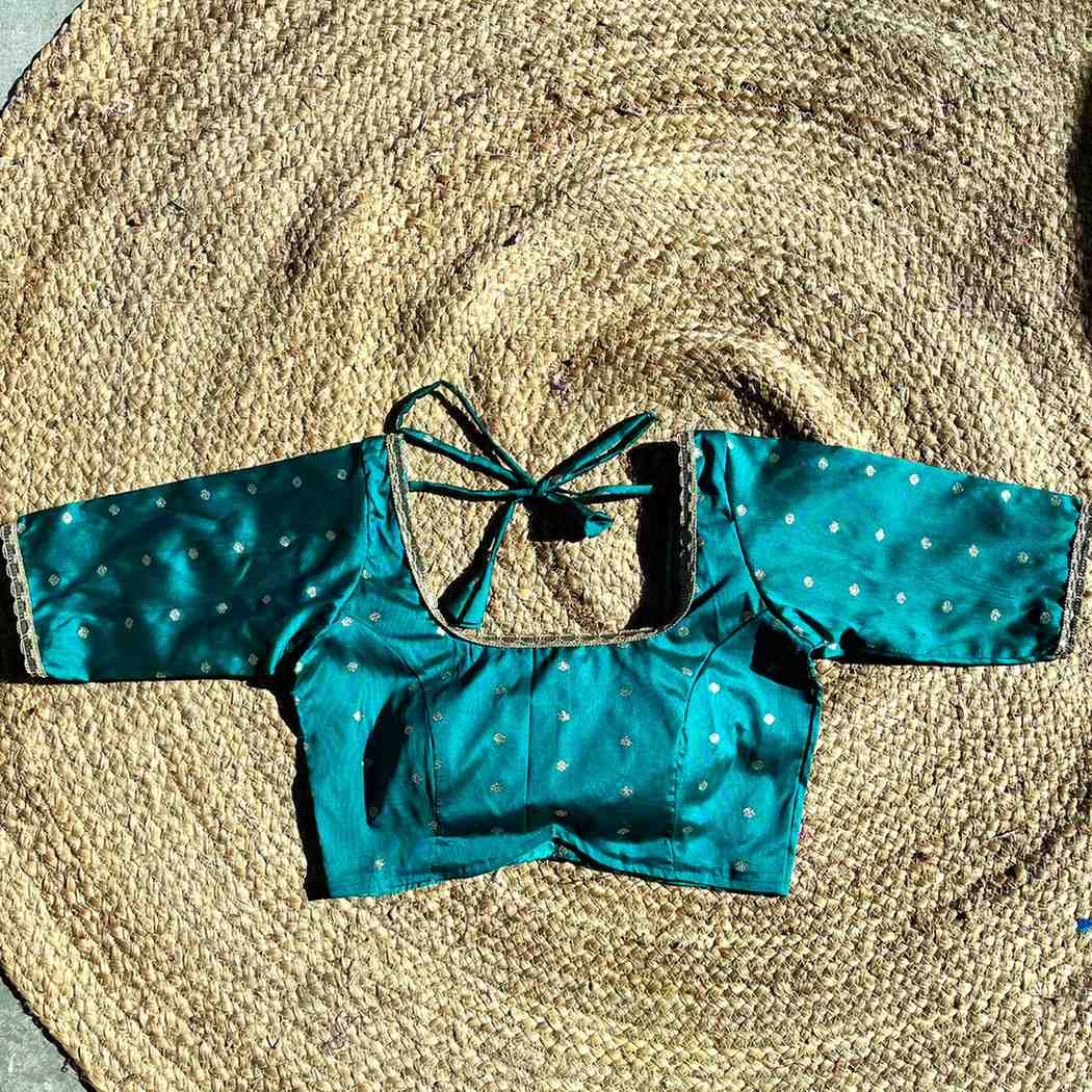 Teal Green Polka Brocade U Neck Blouse- Fal3344