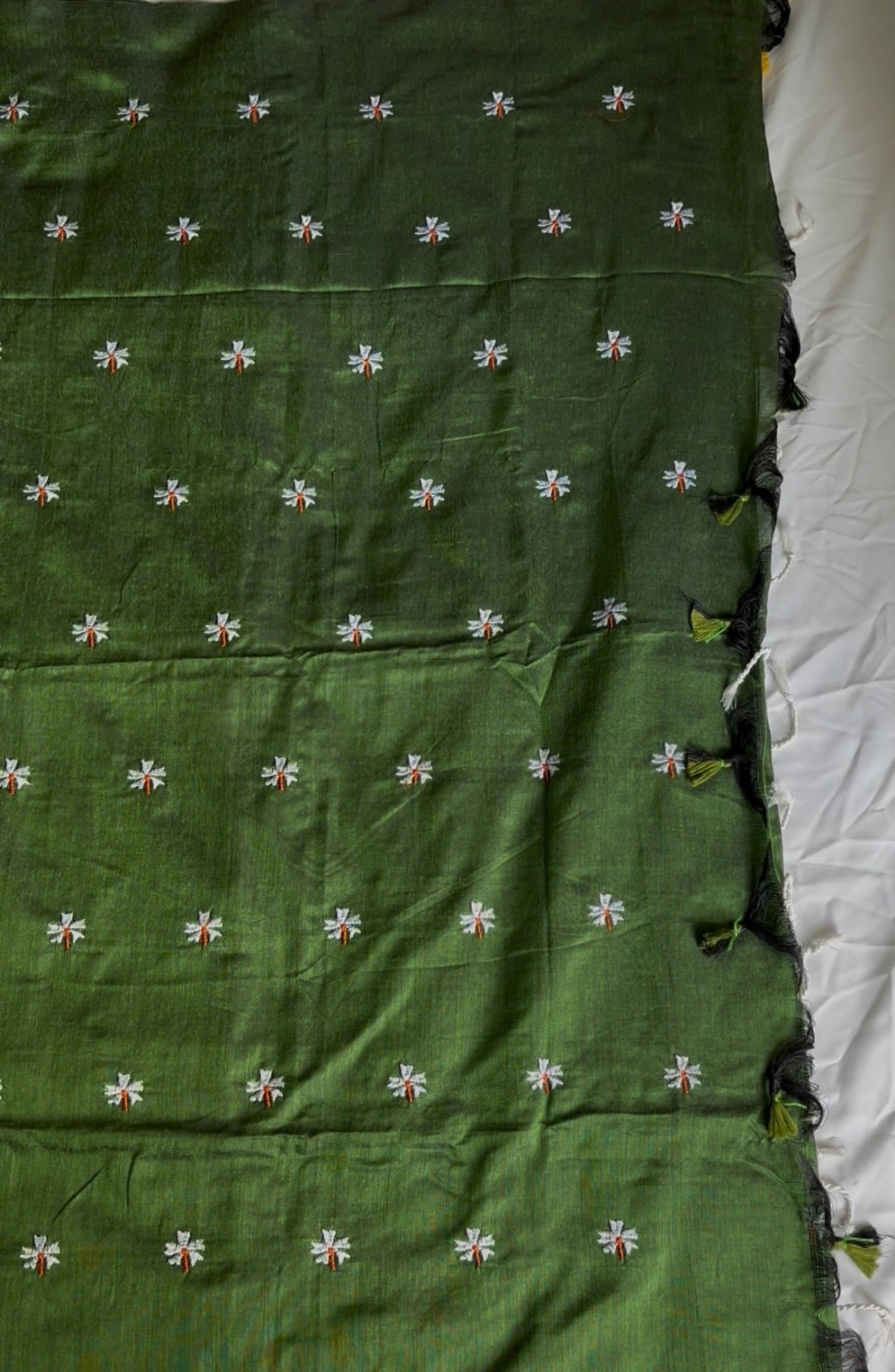 Bottle Green Floral Embroidery Khadi saree