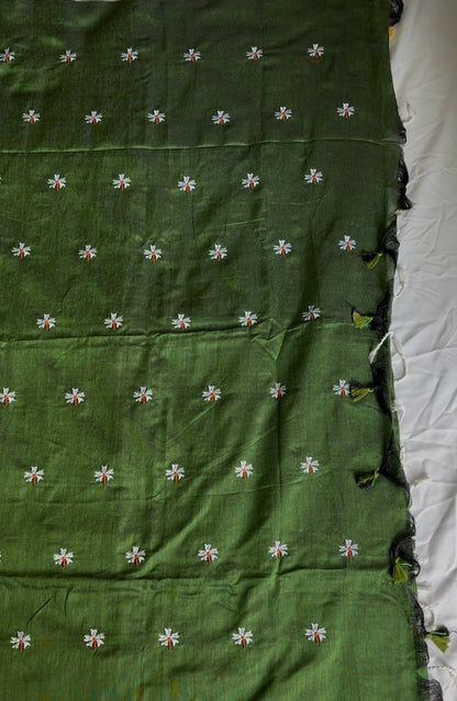 Bottle Green Floral Embroidery Khadi saree