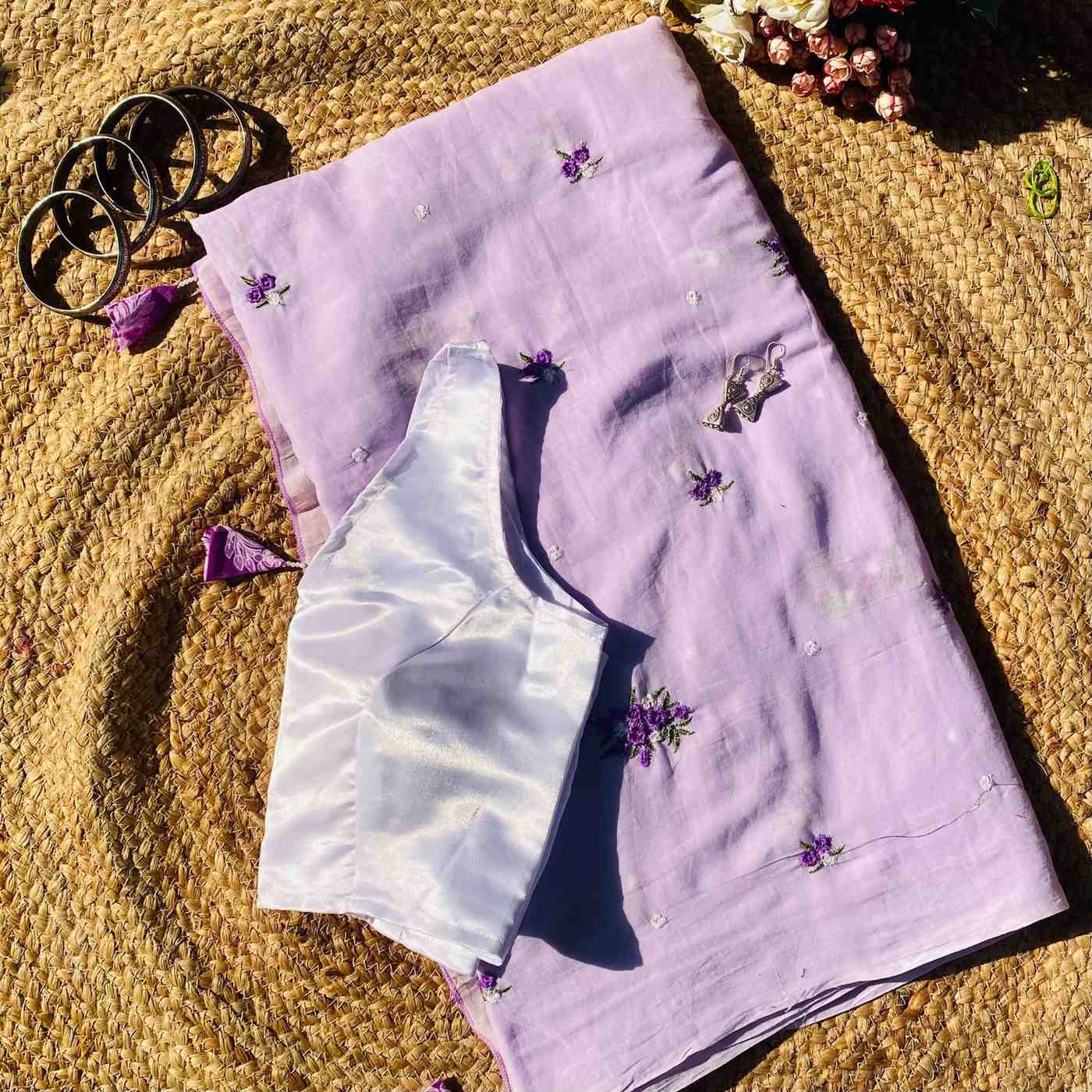 Lavender Floral Embroidery Pure Mulmul Saree and Lavender Satin Blouse
