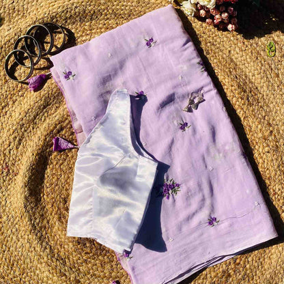Lavender Floral Embroidery Pure Mulmul Saree and Lavender Satin Blouse