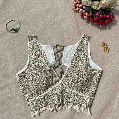 Cream Black With PomPom Jaal Deep V Neck Cotton Blouse - Fal3342