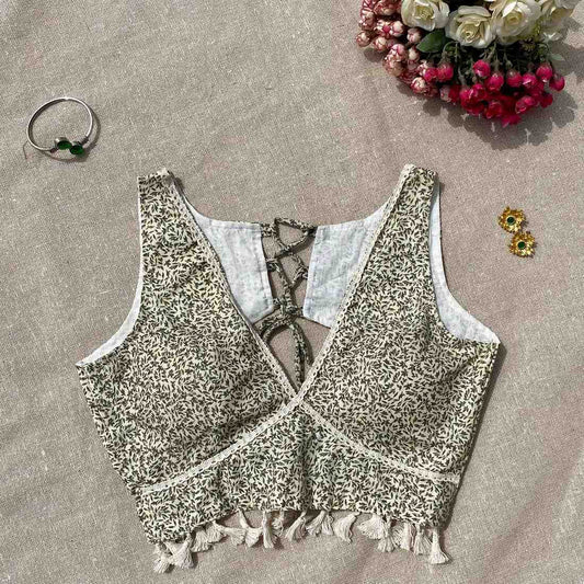 Cream Black With PomPom Jaal Deep V Neck Cotton Blouse - Fal3342