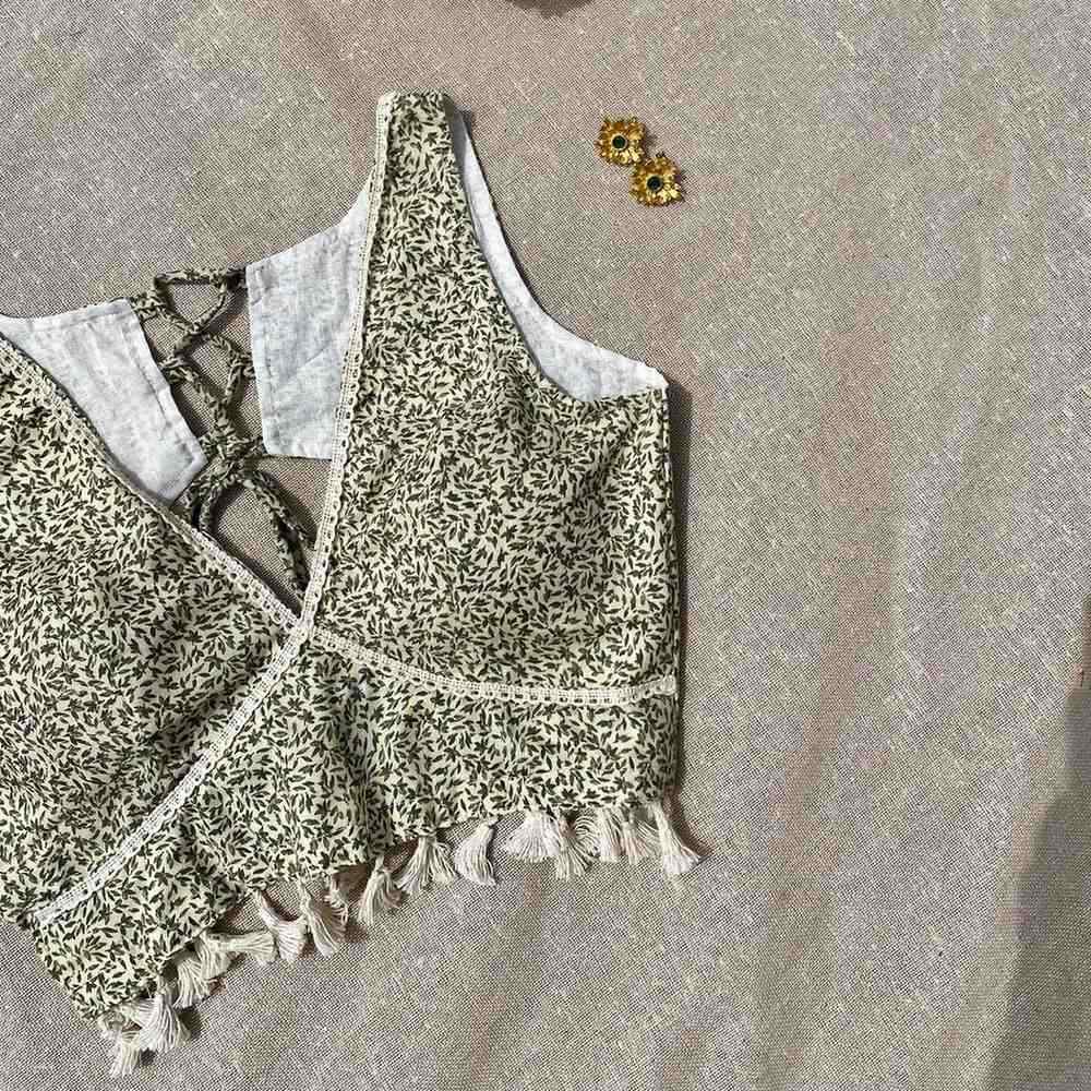 Cream Black With PomPom Jaal Deep V Neck Cotton Blouse - Fal3342