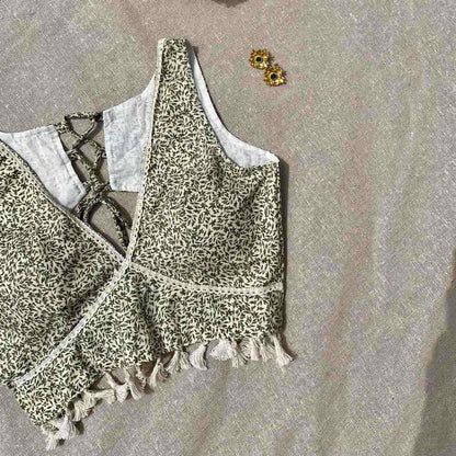 Cream Black With PomPom Jaal Deep V Neck Cotton Blouse - Fal3342