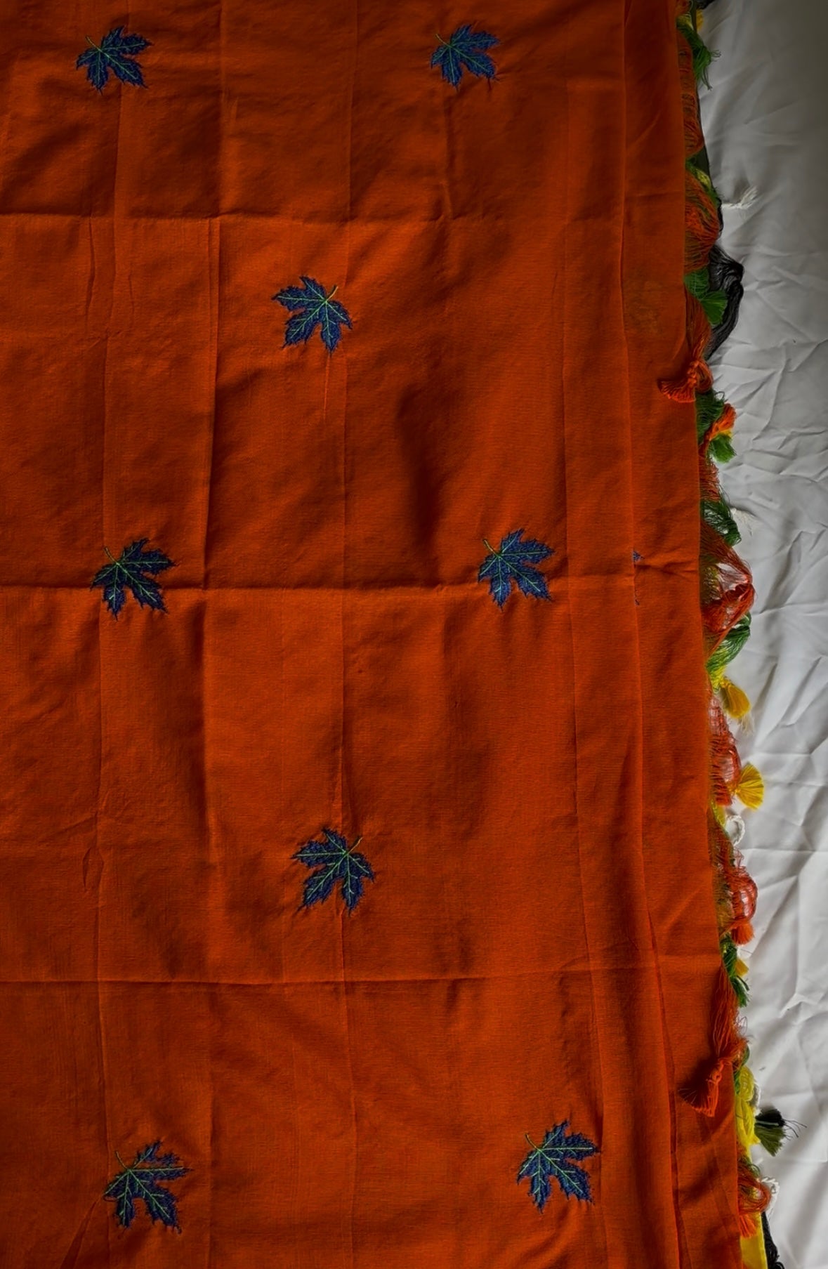 Orange Leaf Embroidery Cotton saree