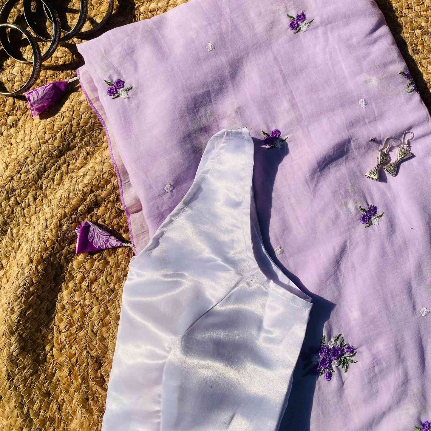 Lavender Floral Embroidery Pure Mulmul Saree and Lavender Satin Blouse