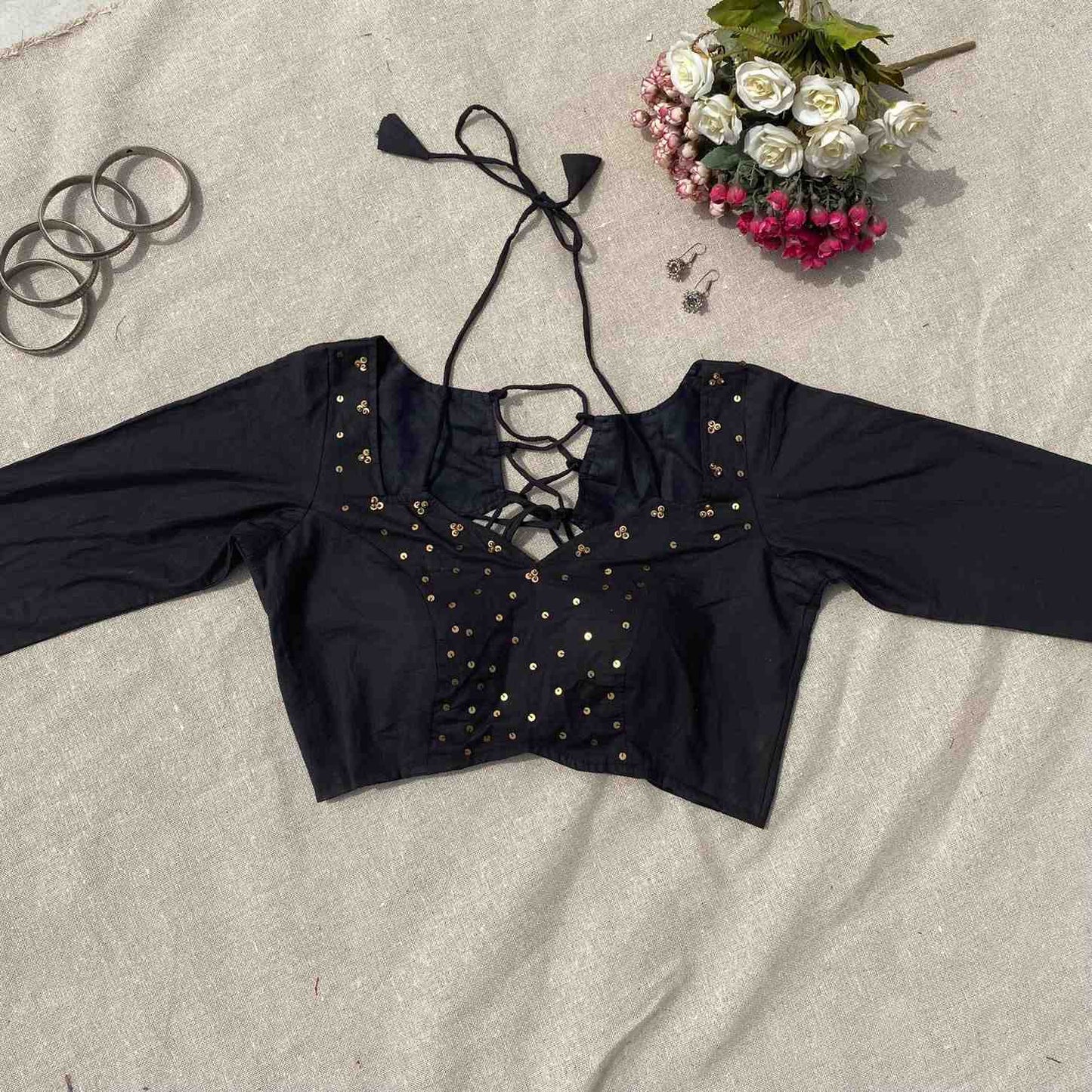 Black Sequin Work Full Sleeves Cotton Blouse - Fal3340