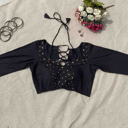Black Sequin Work Full Sleeves Cotton Blouse - Fal3340