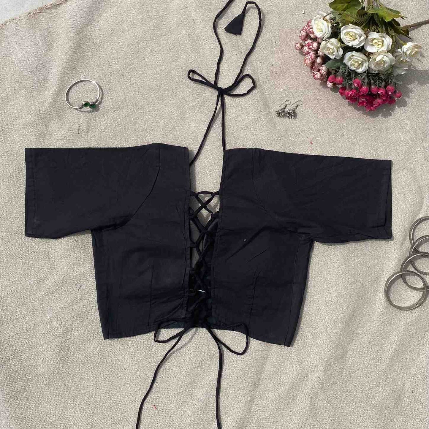 Black Ajrakh Tukki Cotton Blouse - Fal3341