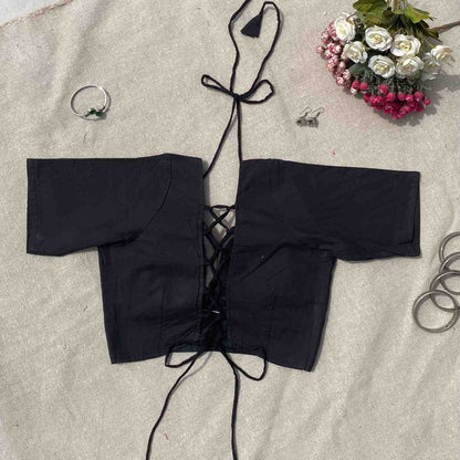 Black Ajrakh Tukki Cotton Blouse - Fal3341