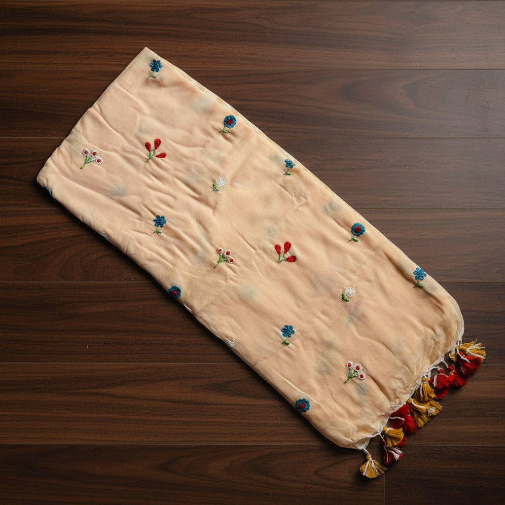 Peach Colourfull Embroidery Cotton Mul saree