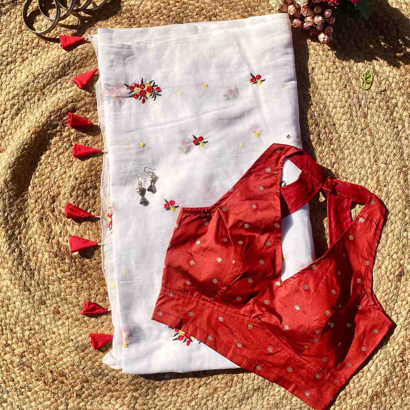 White Floral Embroidery Pure Mulmul Saree and Red Brocade Blouse