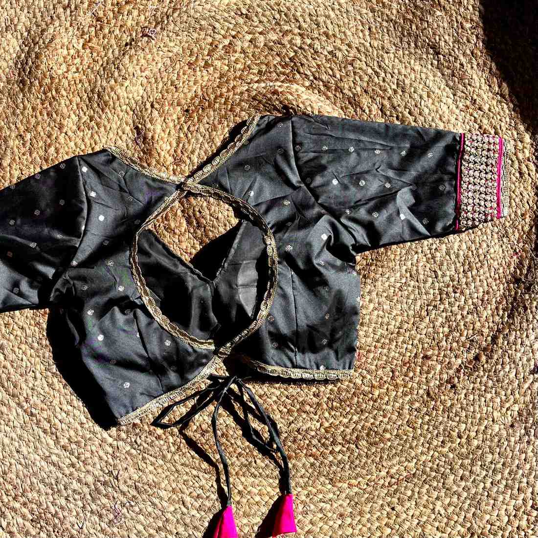 Gray Polka Brocade Deep V Neck Neck Blouse- Fal3345