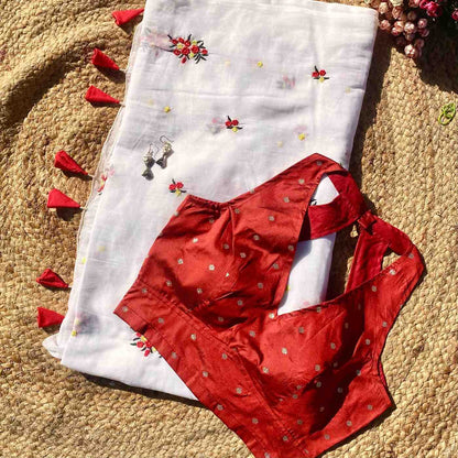 White Floral Embroidery Pure Mulmul Saree and Red Brocade Blouse