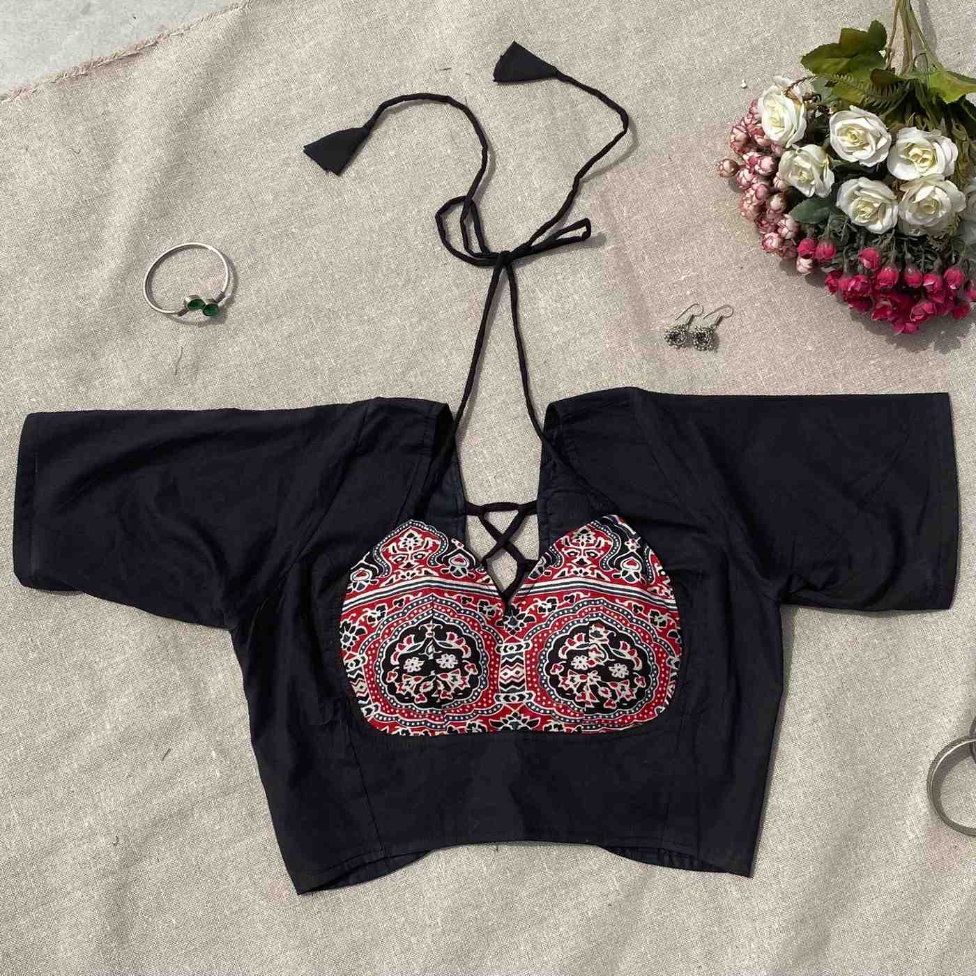 Black Ajrakh Tukki Cotton Blouse - Fal3341
