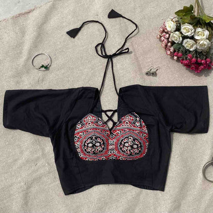 Black Ajrakh Tukki Cotton Blouse - Fal3341