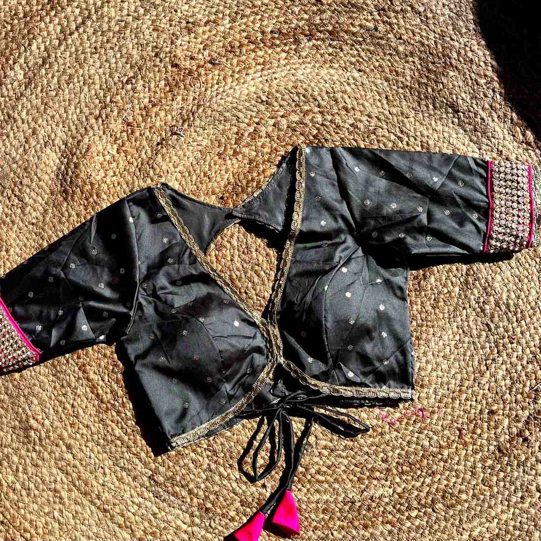 Gray Polka Brocade Deep V Neck Neck Blouse- Fal3345