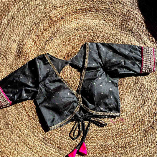 Gray Polka Brocade Deep V Neck Neck Blouse- Fal3345