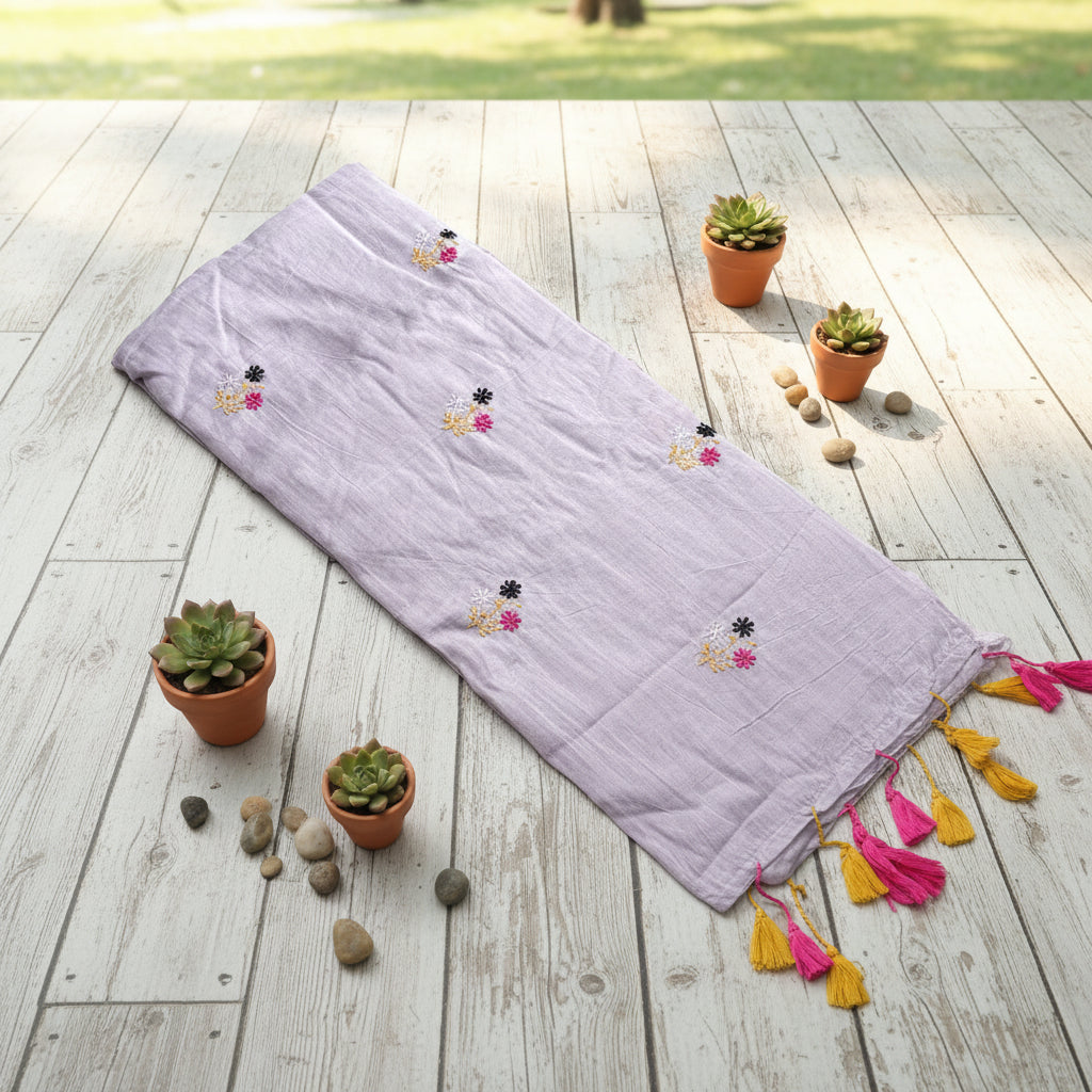 Lavender Floral Border Embroidery Mul saree