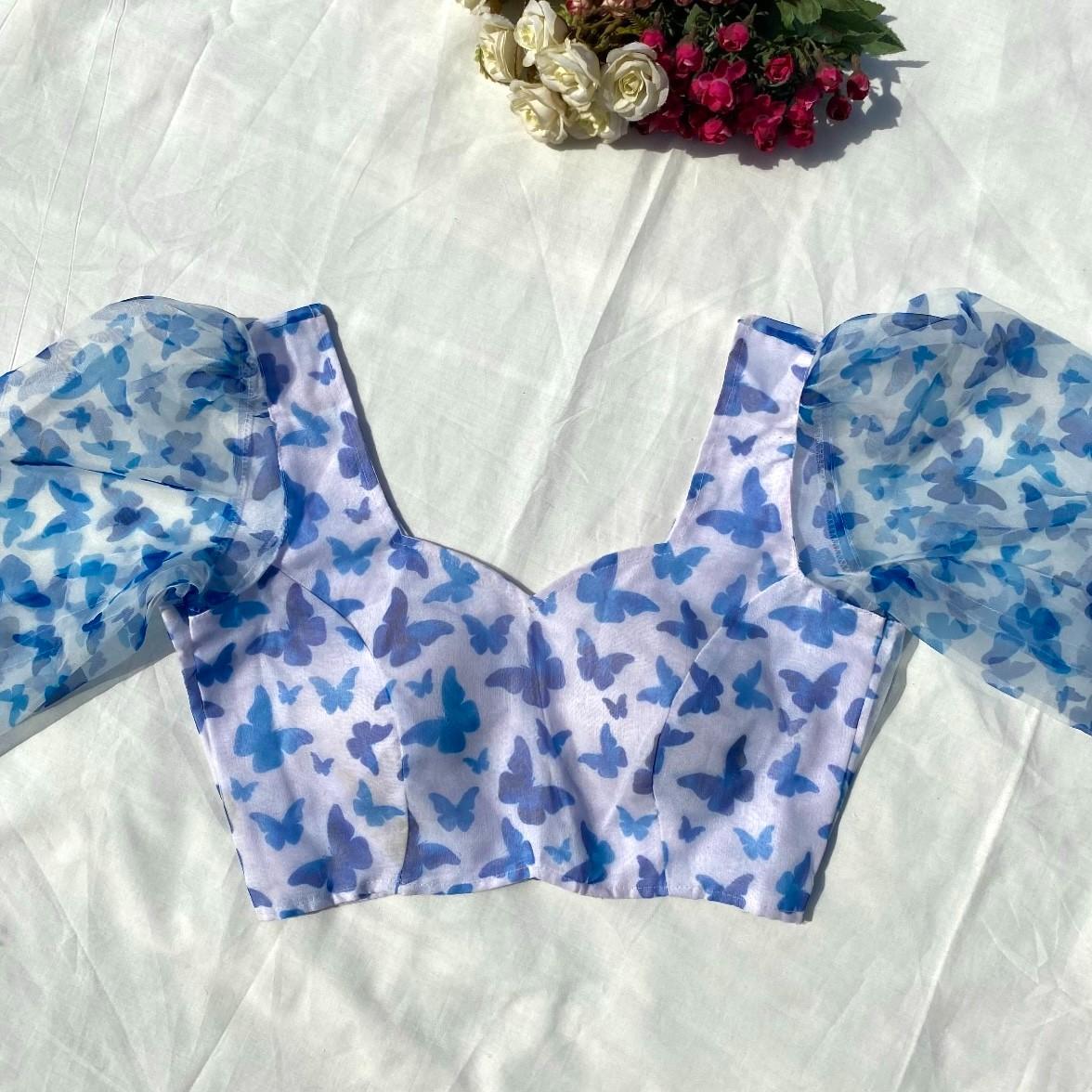White Blue Butterfly Organza Blouse - Fal3329