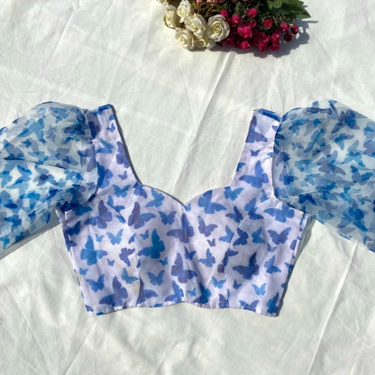 White Blue Butterfly Organza Blouse - Fal3329