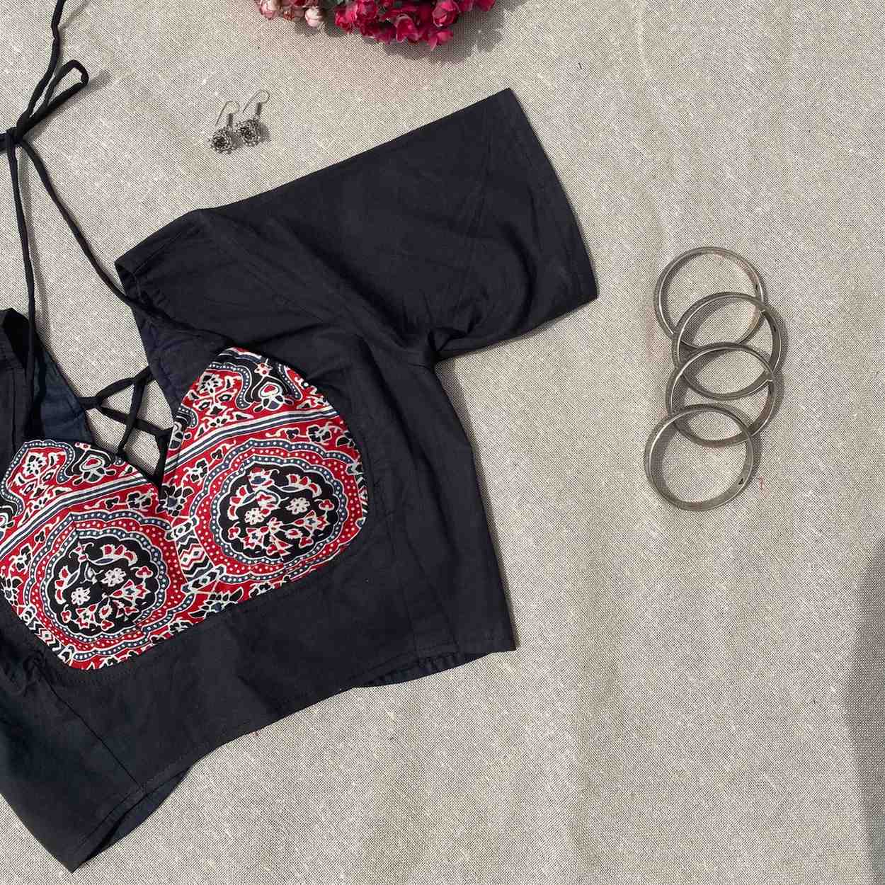 Black Ajrakh Tukki Cotton Blouse - Fal3341