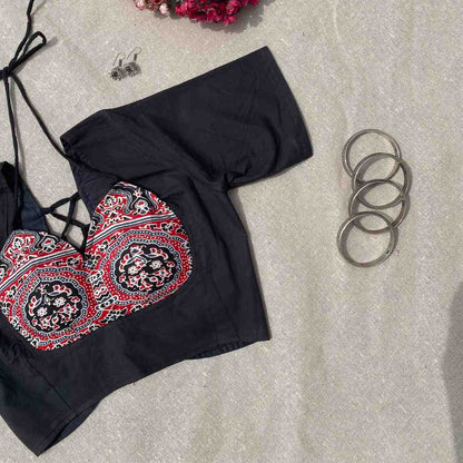 Black Ajrakh Tukki Cotton Blouse - Fal3341