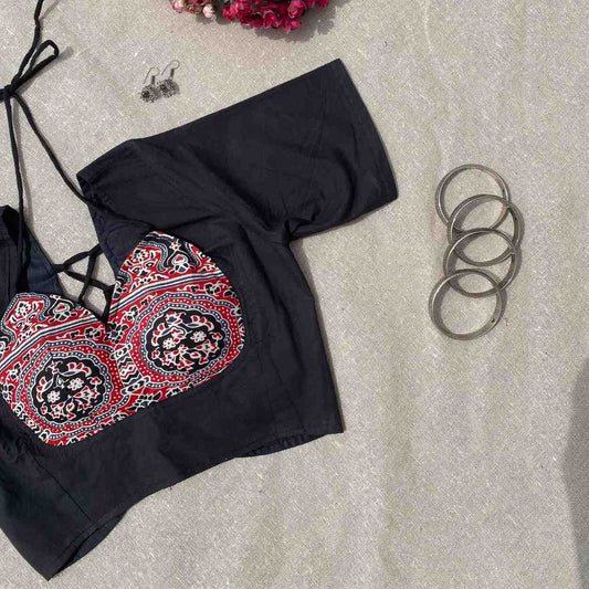 Black Ajrakh Tukki Cotton Blouse - Fal3341