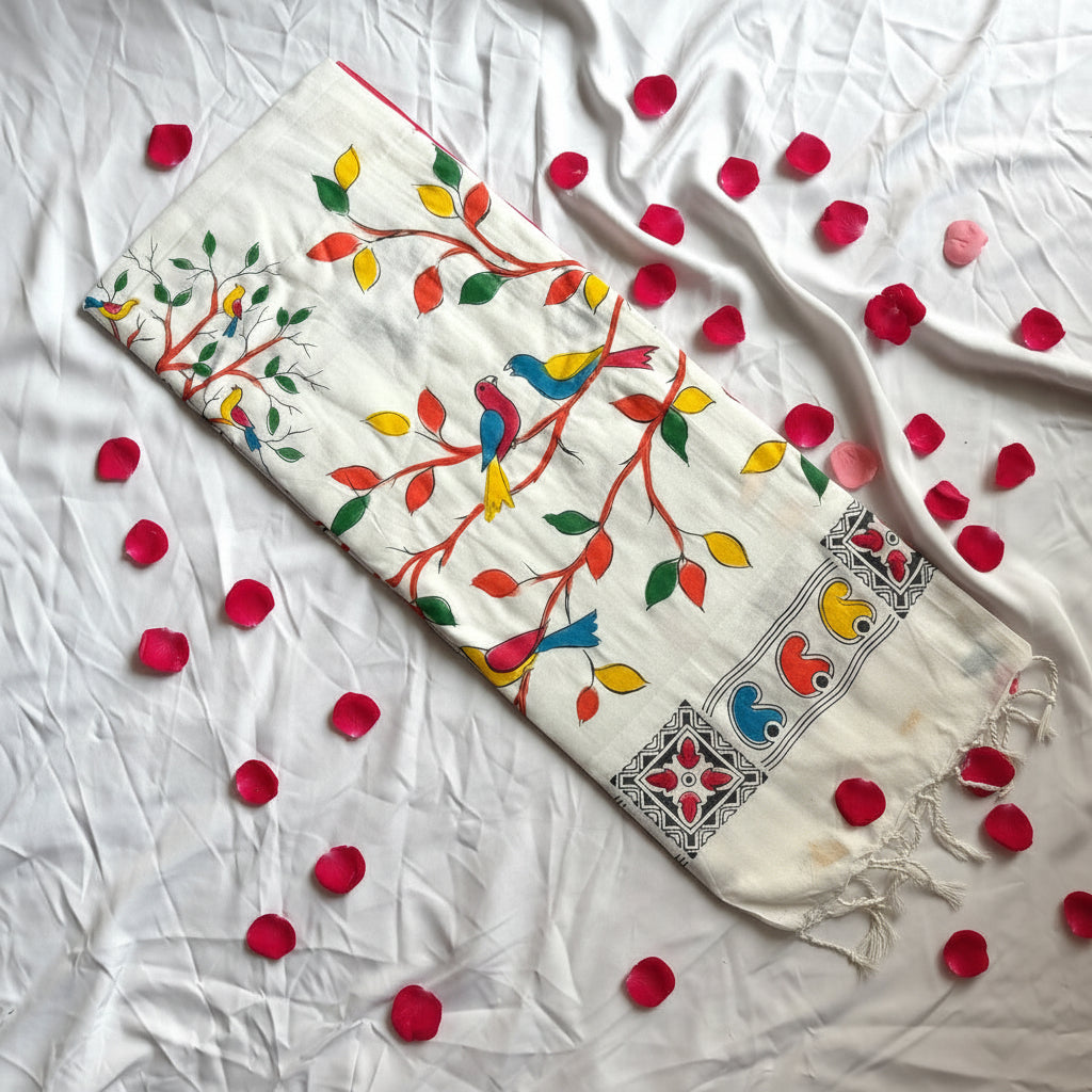 White Hand Painted Cotton saree