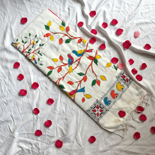 White Hand Painted Cotton saree