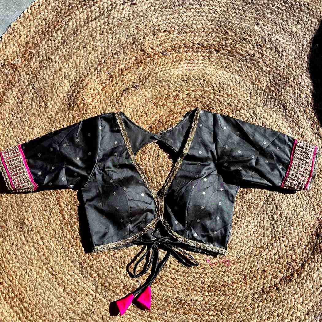 Gray Polka Brocade Deep V Neck Neck Blouse- Fal3345