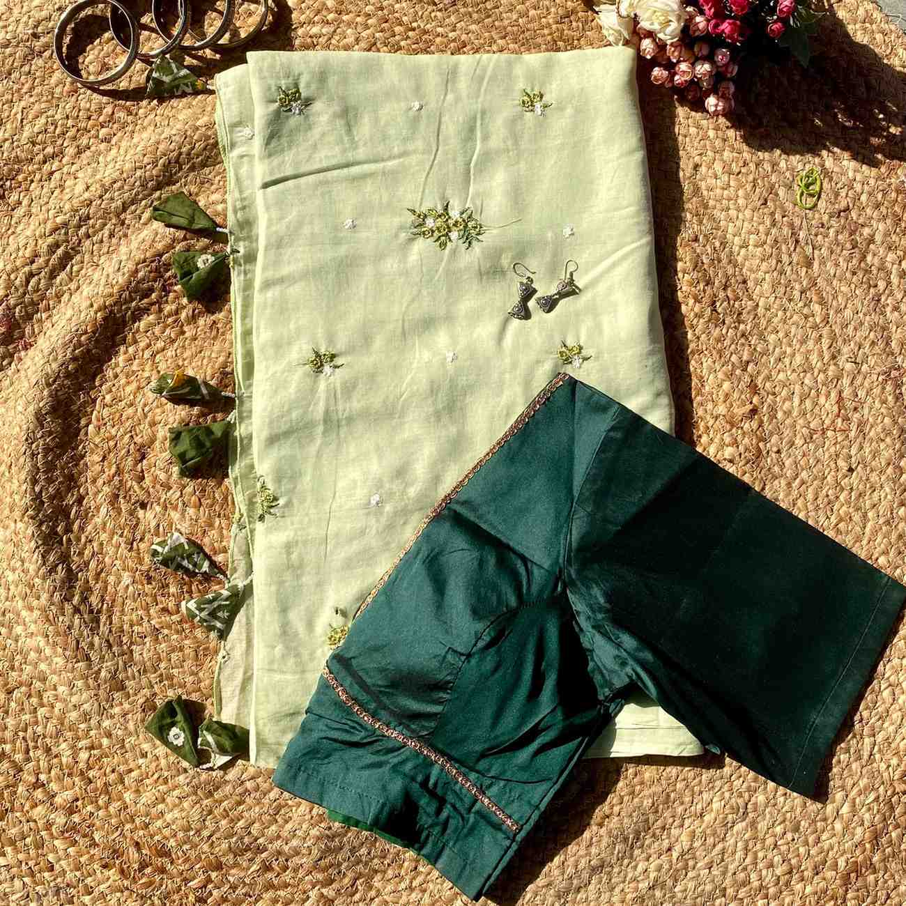 Pastel Green Floral Embroidery Pure Mulmul Saree and Green Raw Silk Blouse