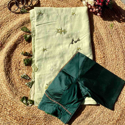 Pastel Green Floral Embroidery Pure Mulmul Saree and Green Raw Silk Blouse
