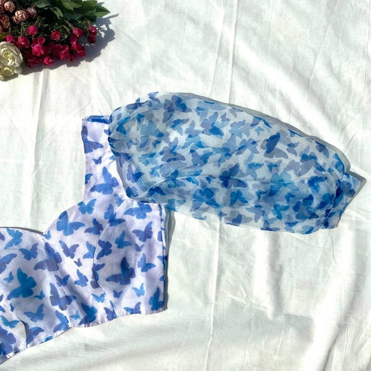 White Blue Butterfly Organza Blouse - Fal3329