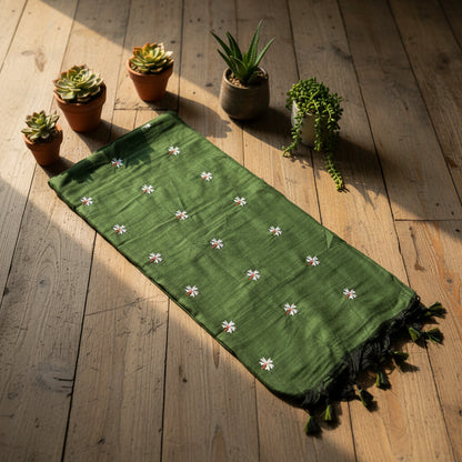Bottle Green Floral Embroidery Khadi saree