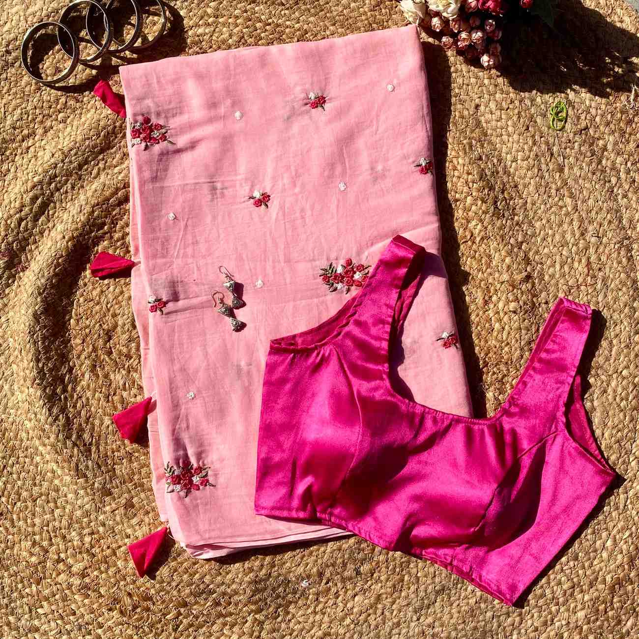 Pink Floral Embroidery Pure Mulmul Saree and Pink Satin Blouse