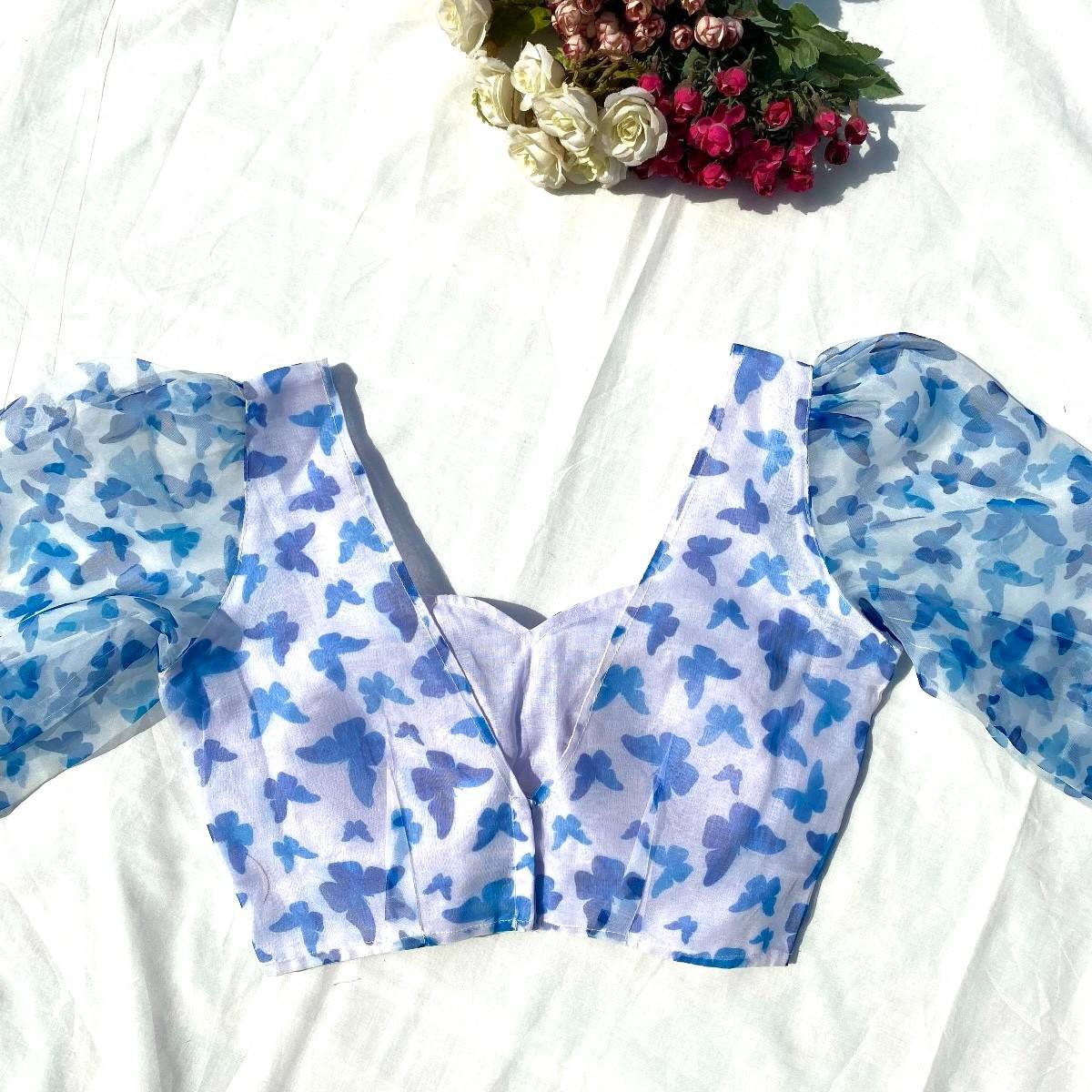 White Blue Butterfly Organza Blouse - Fal3329
