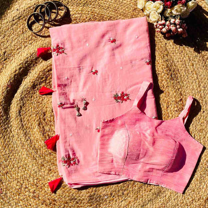 Pink Floral Embroidery Pure Mulmul Saree and Baby Pink Blouse